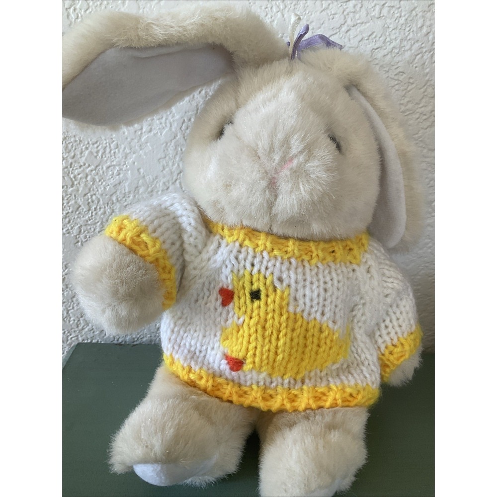 Vtg Eggcetera Easter Plush Bunny Knit Sweater Yellow Chick 10" Beige Toys"R"Us - Picture 3 of 7